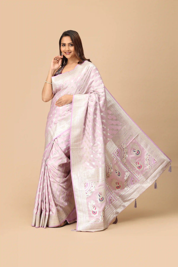 Blush Pink Banarasi Inspired Semi-Silk Saree with Silver Zari Buttas and Brocade Panel Pallu