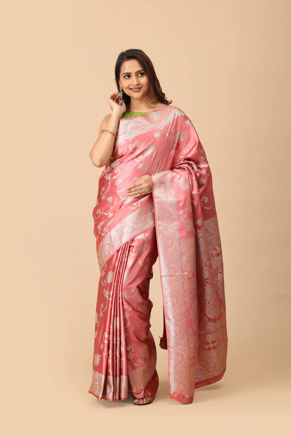 Antique Rose Banarasi Inspired Semi-Silk Saree with Silver Zari Brocade