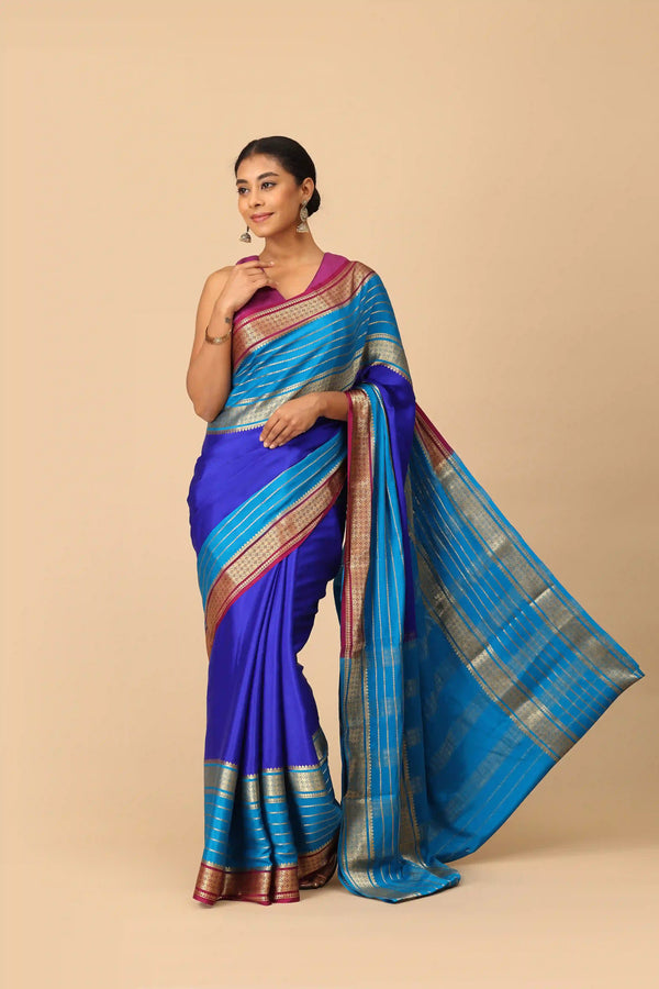 Pure Mysore Silk Saree in Royal Blue with Teal Blue Contrast Pallu & Gold Zari Border