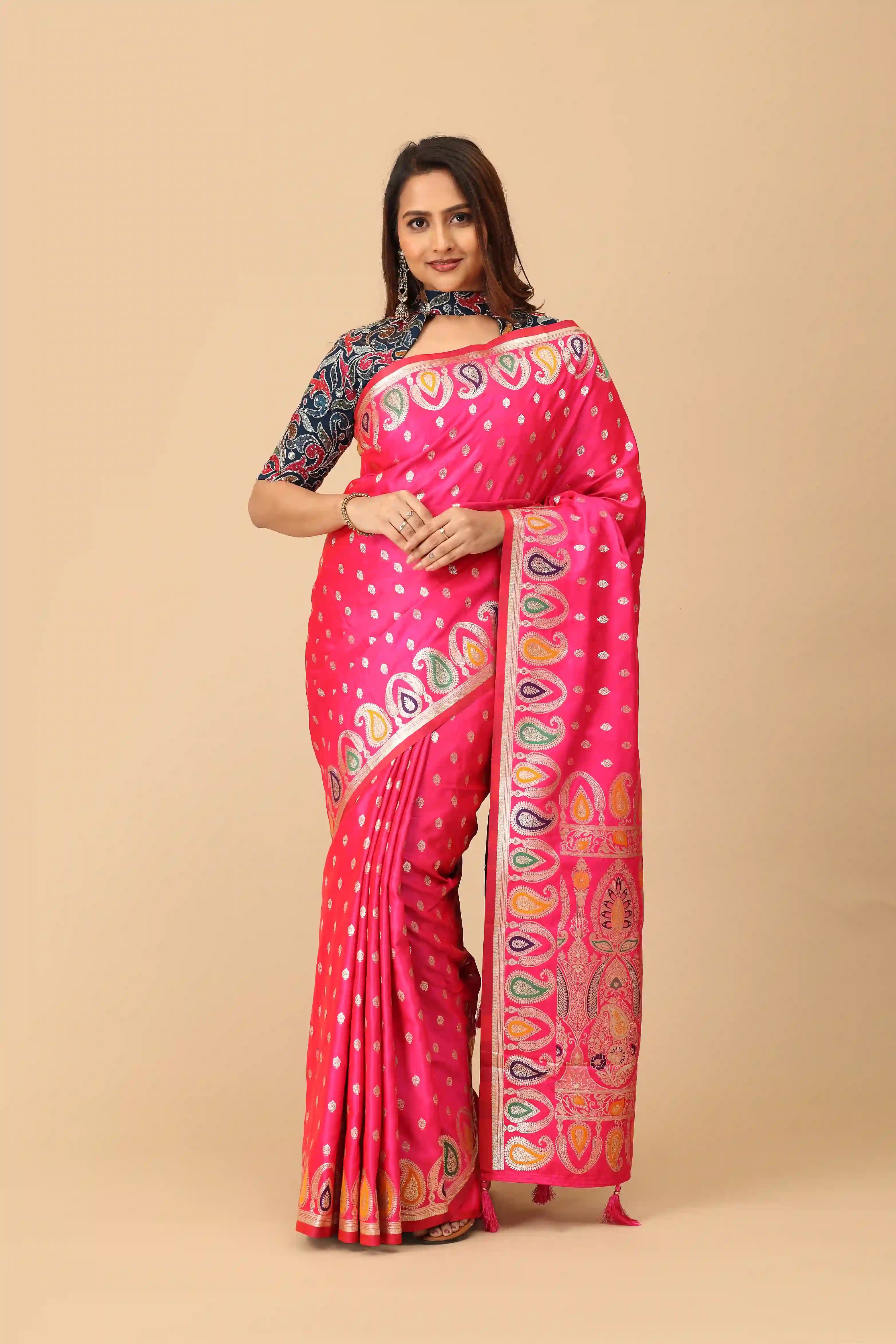 Rani Pink Banarasi-Inspired Semi-Silk Saree with Multicolor Paisley Zari Border