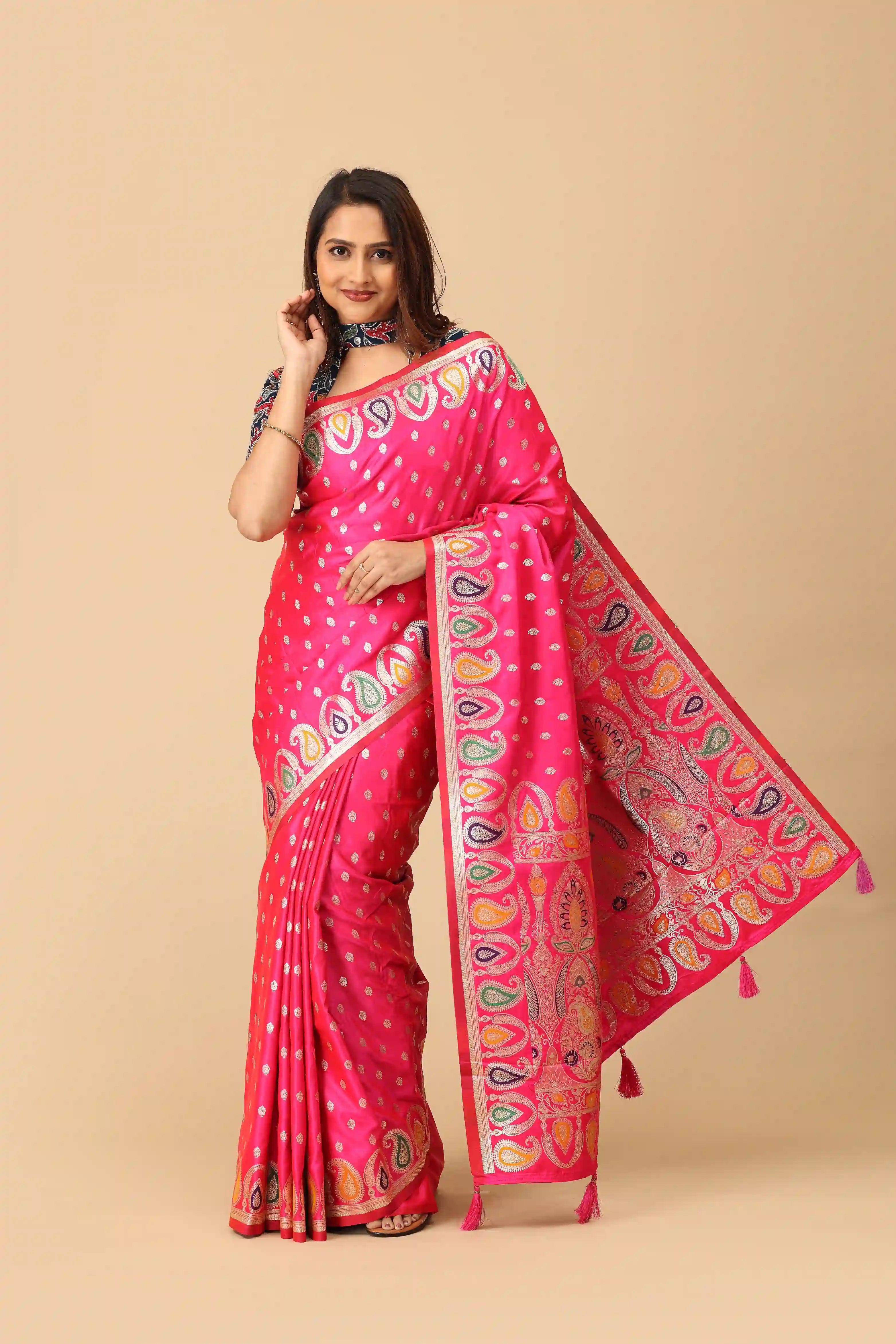 Rani Pink Banarasi-Inspired Semi-Silk Saree with Multicolor Paisley Zari Border