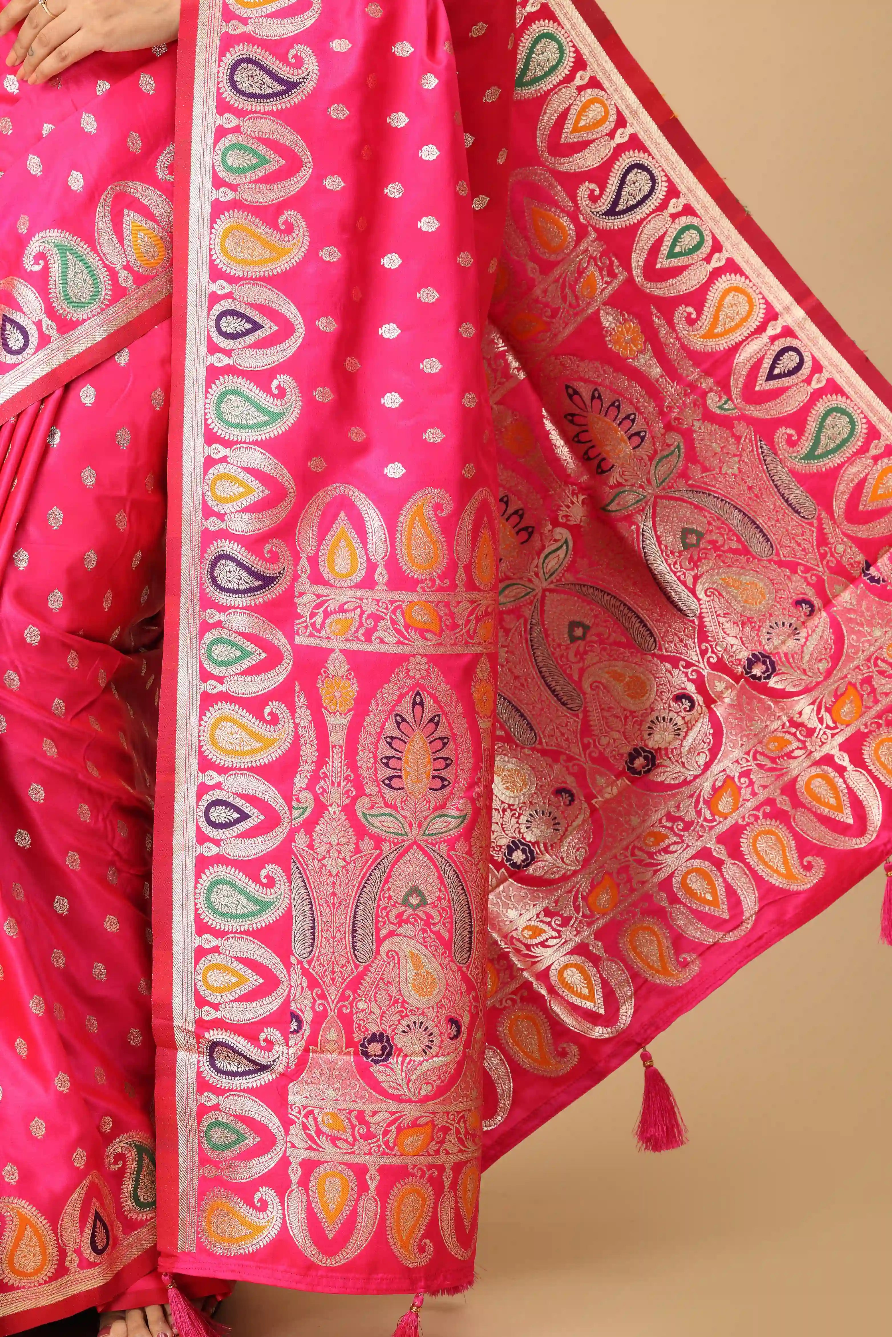 Rani Pink Banarasi-Inspired Semi-Silk Saree with Multicolor Paisley Zari Border