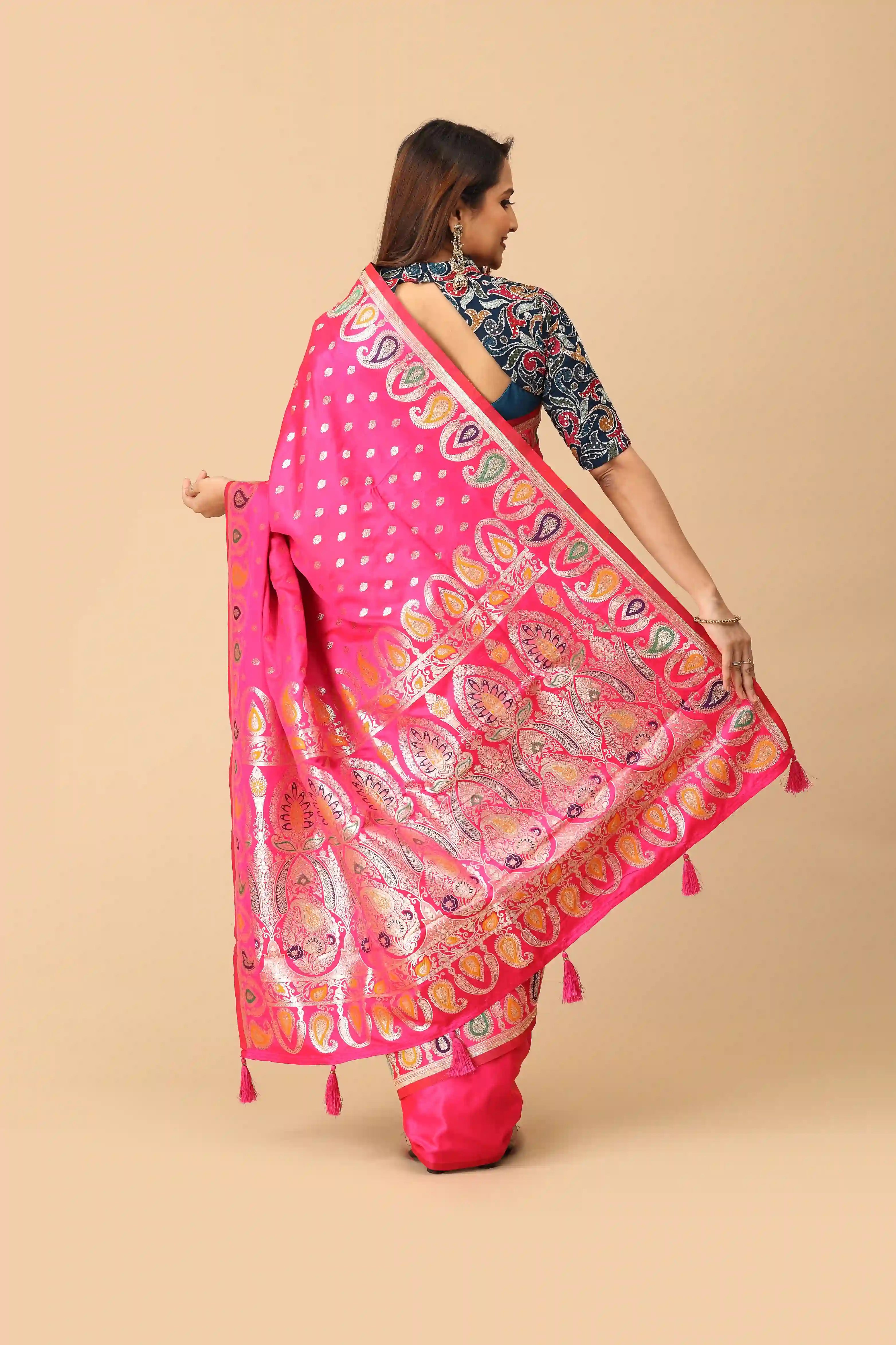 Rani Pink Banarasi-Inspired Semi-Silk Saree with Multicolor Paisley Zari Border