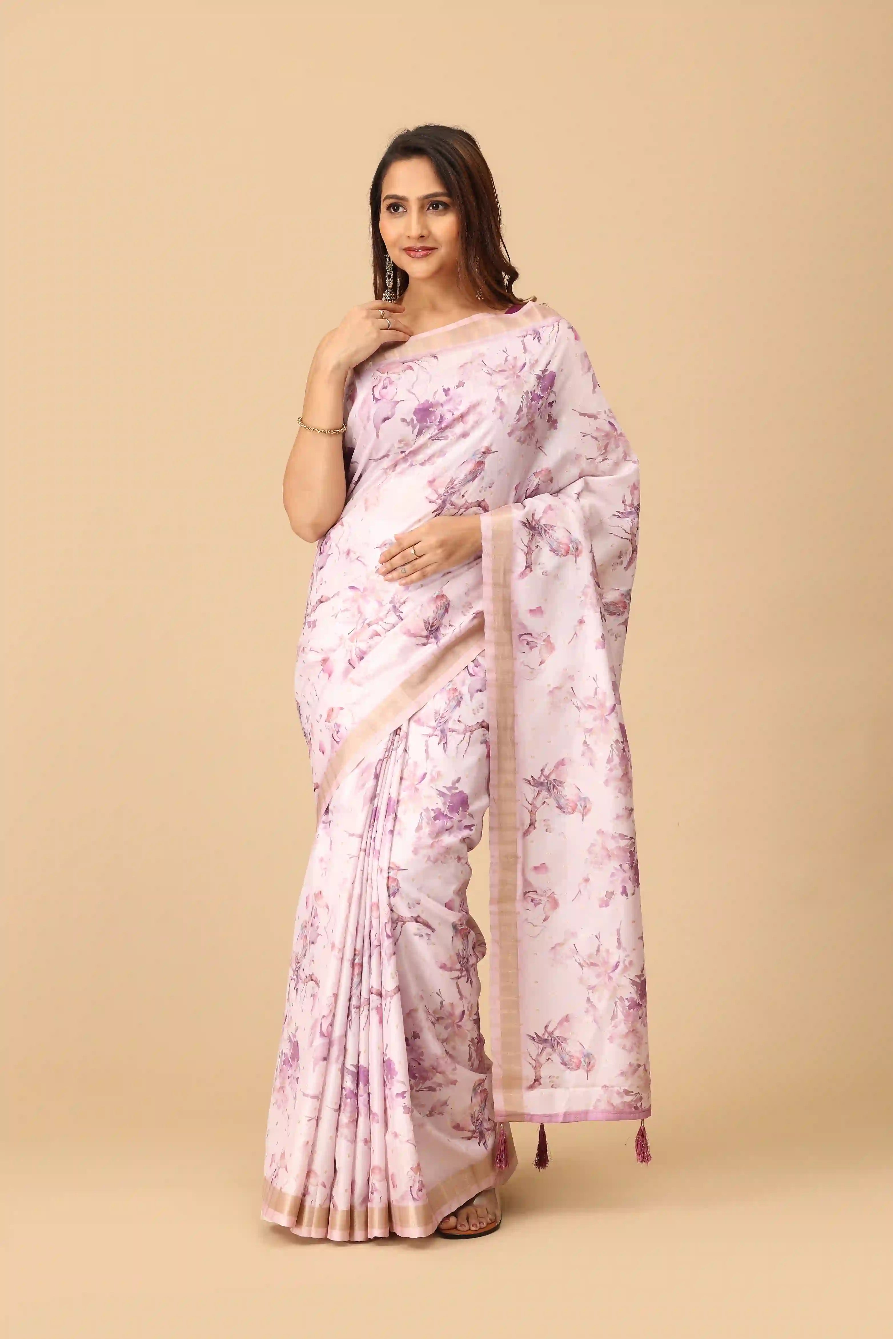 Blush Pink Floral Printed Linen Saree with Minimal Gold Border & Tassel Pallu