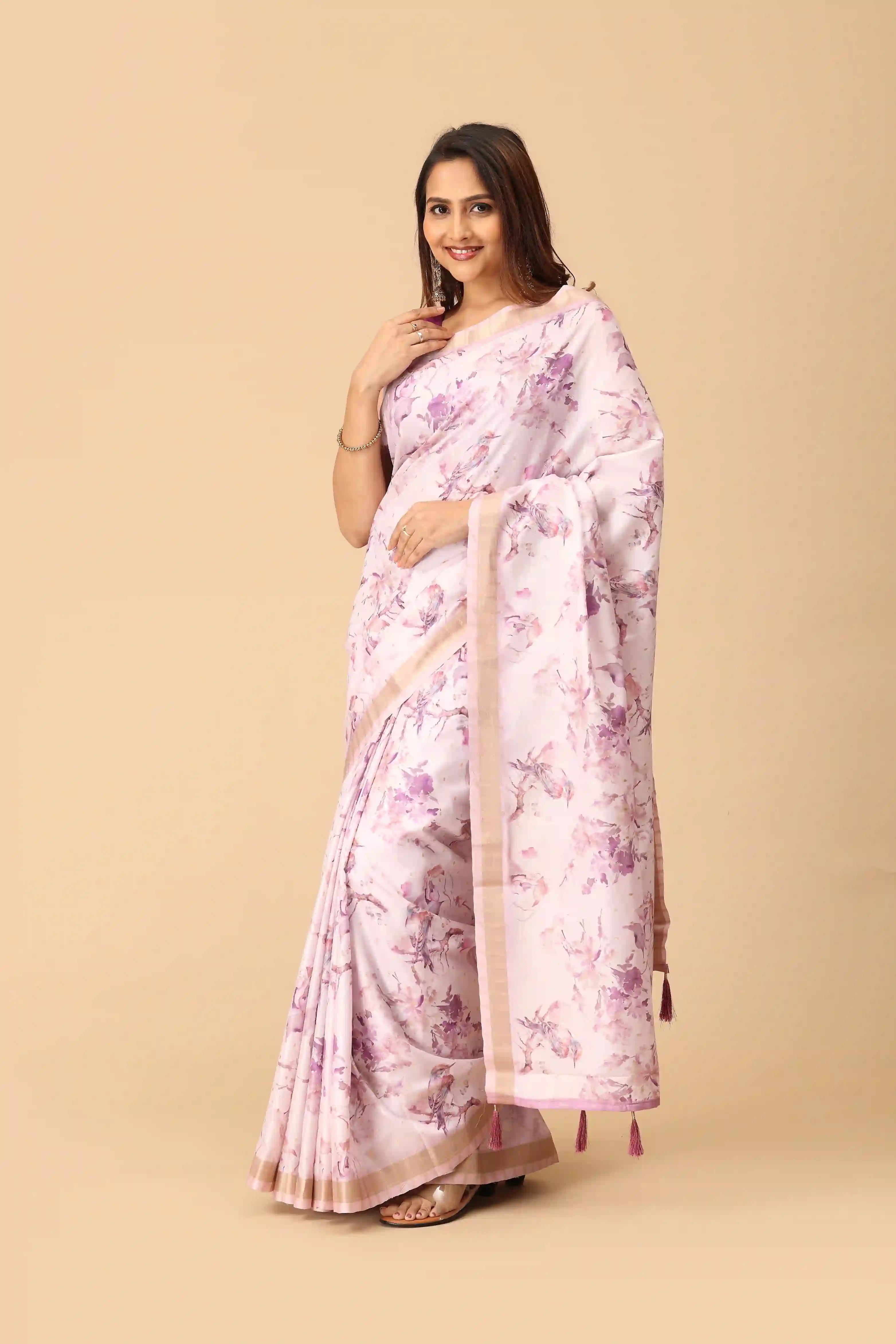 Blush Pink Floral Printed Linen Saree with Minimal Gold Border & Tassel Pallu
