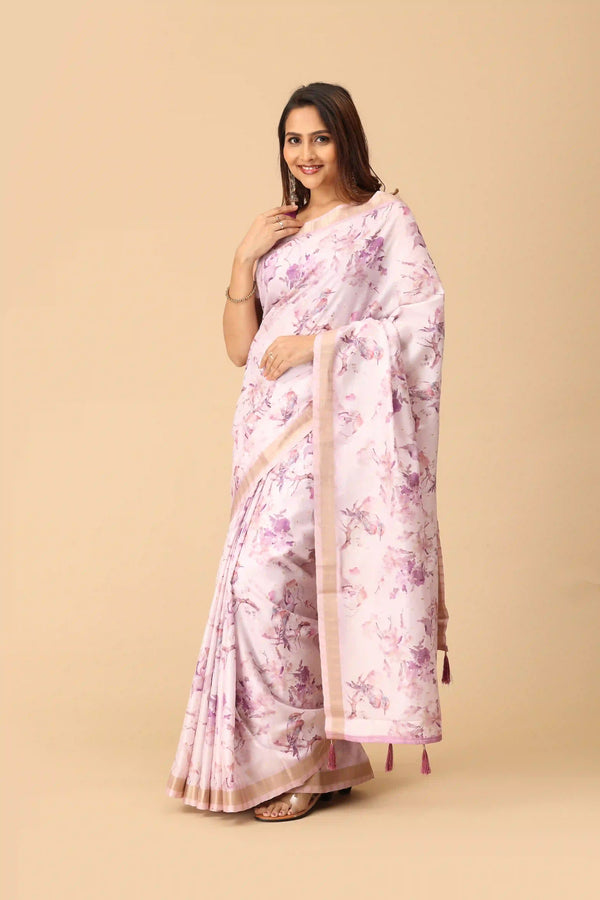 Blush Pink Floral Printed Linen Saree with Minimal Gold Border & Tassel Pallu