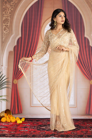 Champagne Gold Sequined Net Saree with Designer Embroidered Blouse