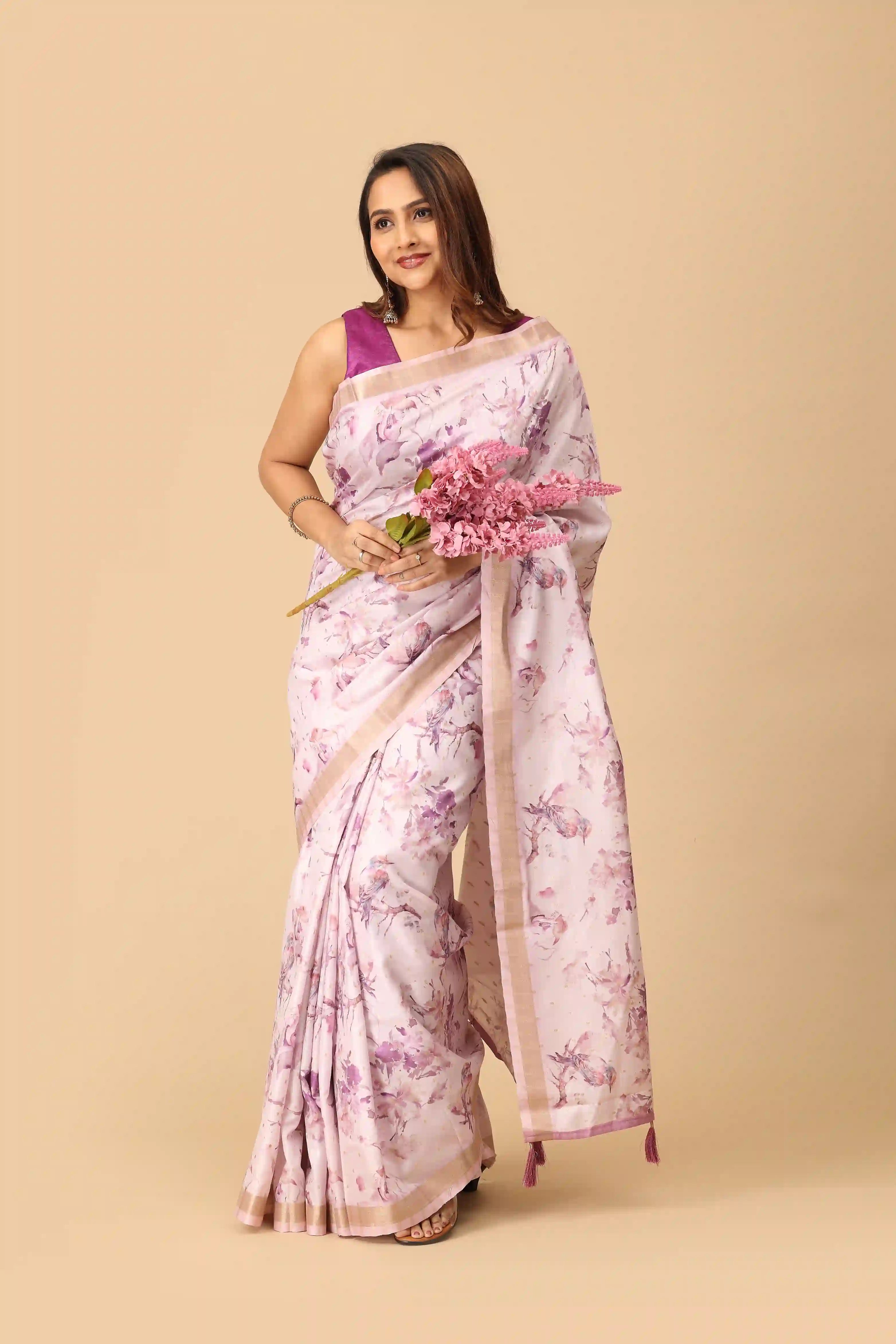 Blush Pink Floral Printed Linen Saree with Minimal Gold Border & Tassel Pallu