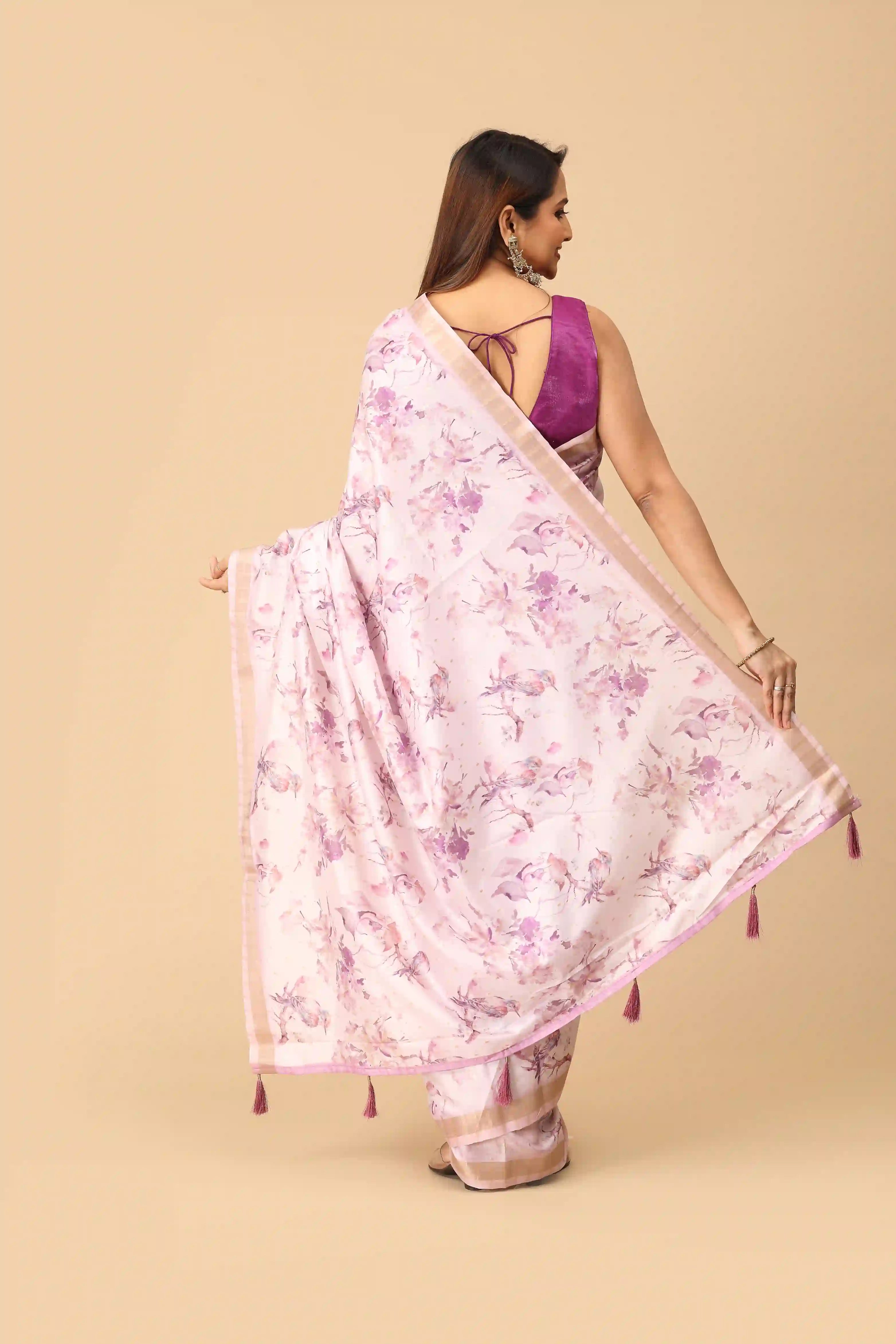 Blush Pink Floral Printed Linen Saree with Minimal Gold Border & Tassel Pallu
