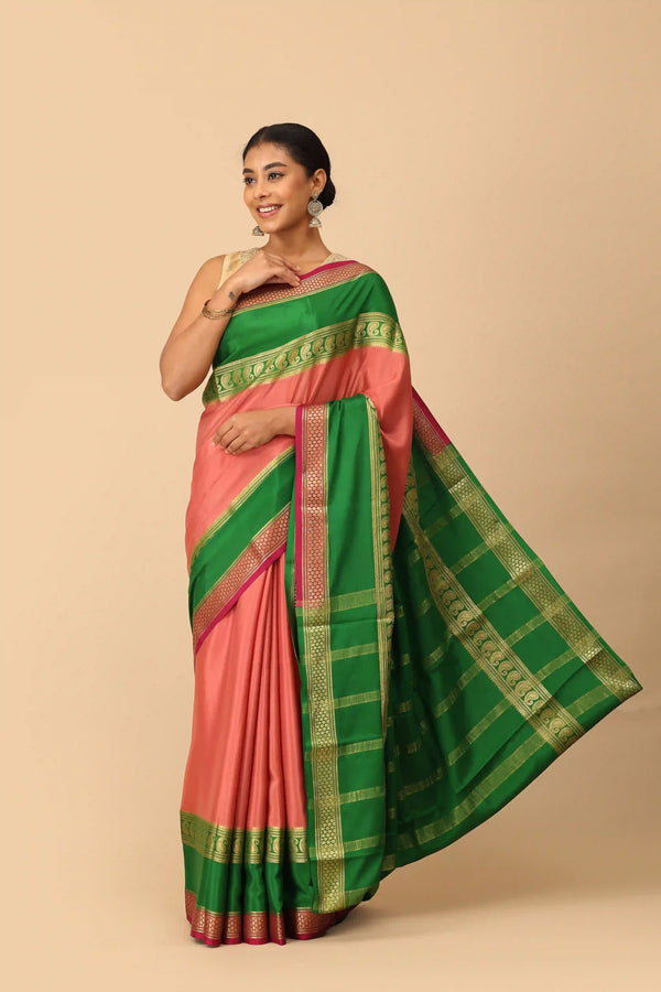 Pure Mysore Silk Saree in Peach with Green Contrast Pallu & Traditional Gold Zari Border