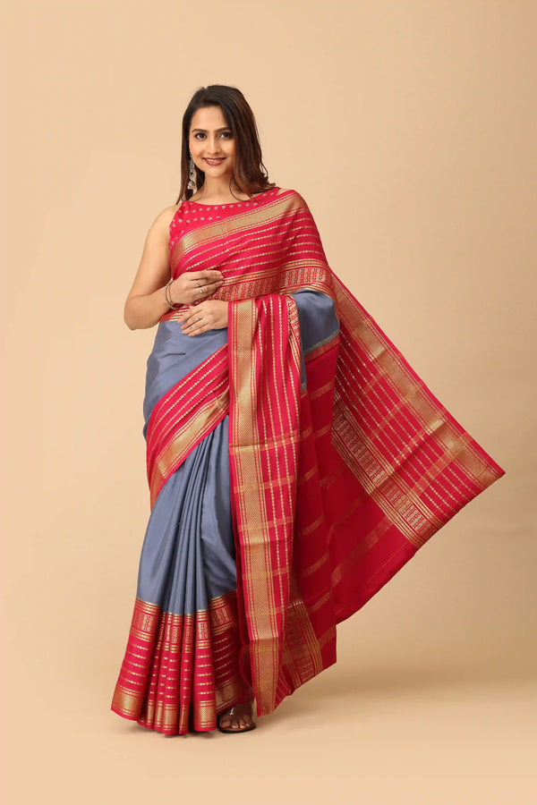 Pure Mysore Silk Saree in Slate Grey with Red Contrast Pallu & Gold Zari Border