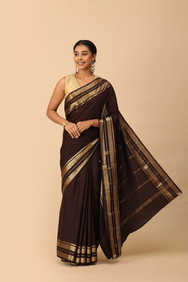 Pure Mysore Silk Saree in Chocolate Brown with Classic Gold Zari Border & Traditional Zari Pallu