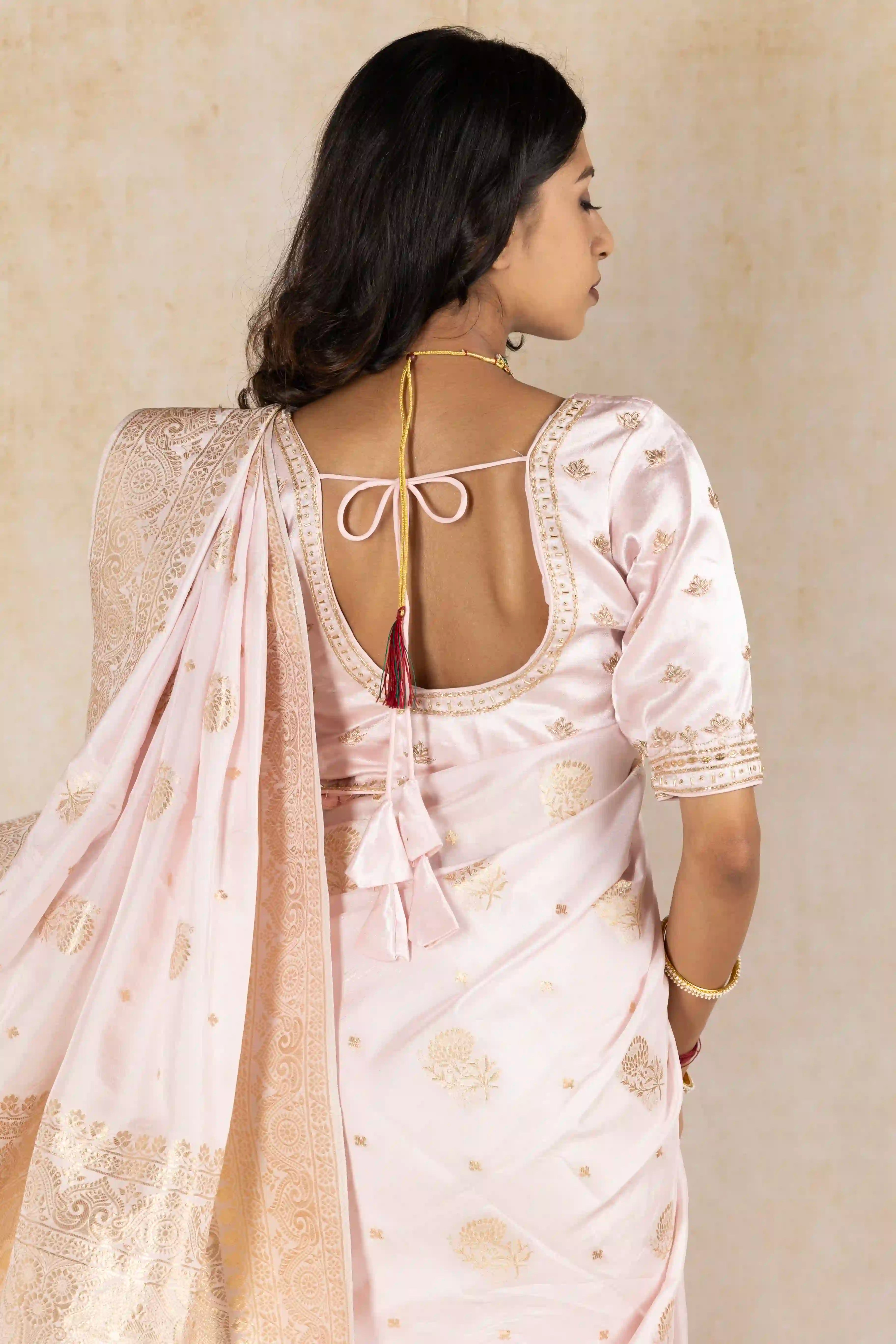 Blush Pink Tissue Silk Saree with Antique Gold Zari Border & Ready-Made Blouse