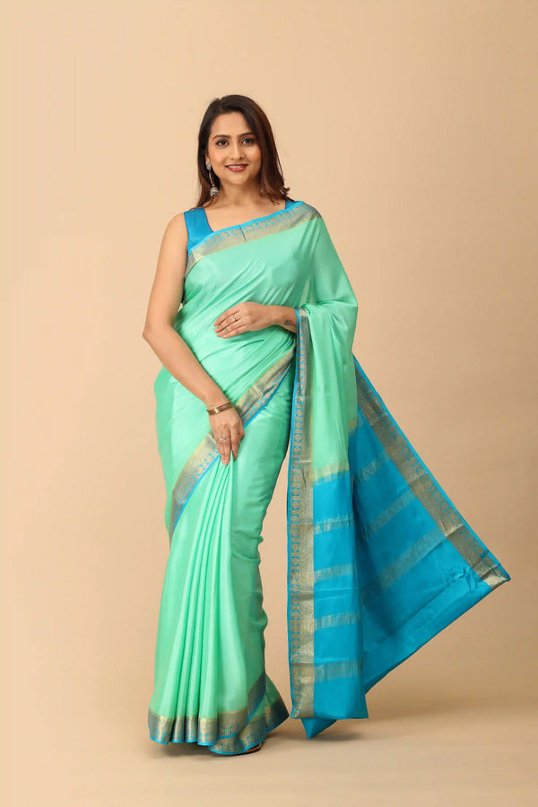 Pure Mysore Silk Saree in Mint Green with Turquoise Blue Contrast Pallu & Zari Border