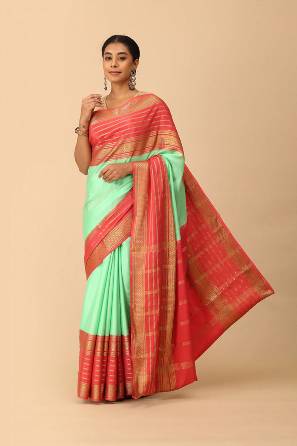 Pure Mysore Silk Saree in Mint Green with Coral Zari Border