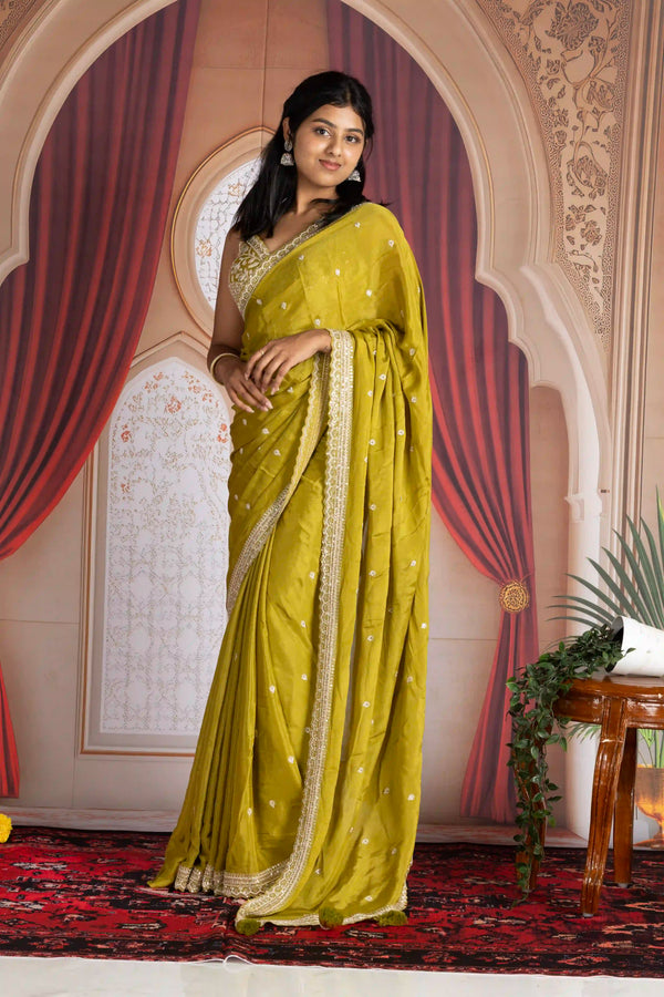 Mustard Yellow Silk Blend Saree with Zari Border and Ready-to-Wear Embroidered Blouse