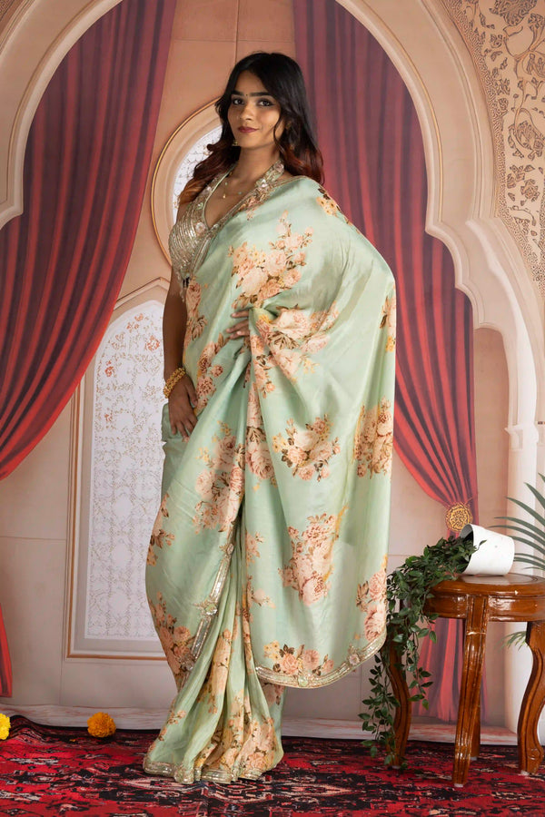 Mint Green Floral Crepe Saree with Embroidered Border & Designer Embellished Blouse