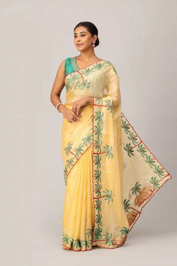 Sunshine Yellow Digital Embroidered Saree with Palm Tree Motifs and Scalloped Border