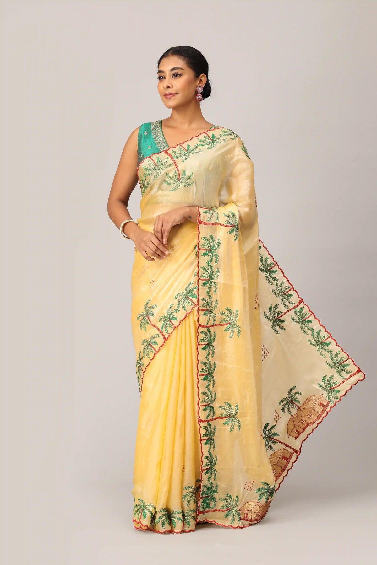 Sunshine Yellow Digital Embroidered Saree with Palm Tree Motifs and Scalloped Border