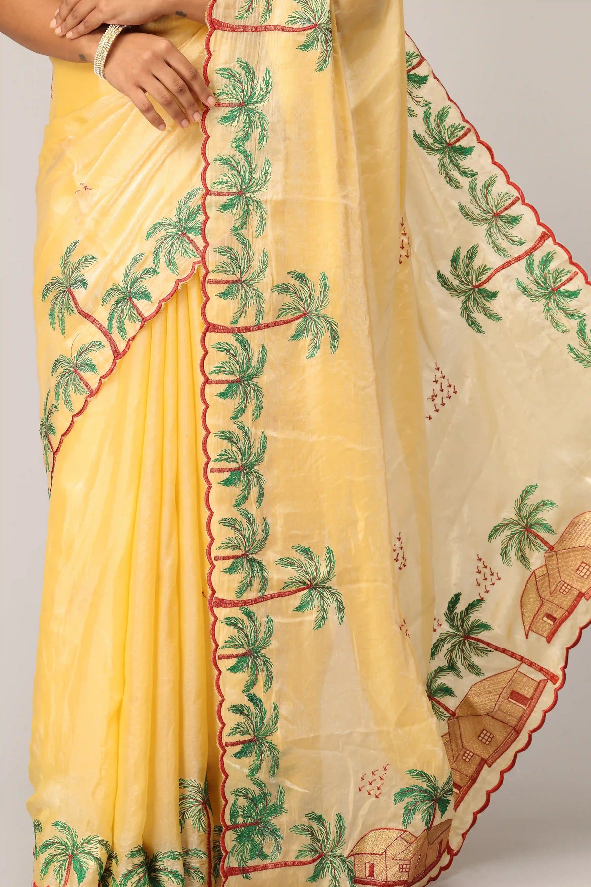 Sunshine Yellow Digital Embroidered Saree with Palm Tree Motifs and Scalloped Border