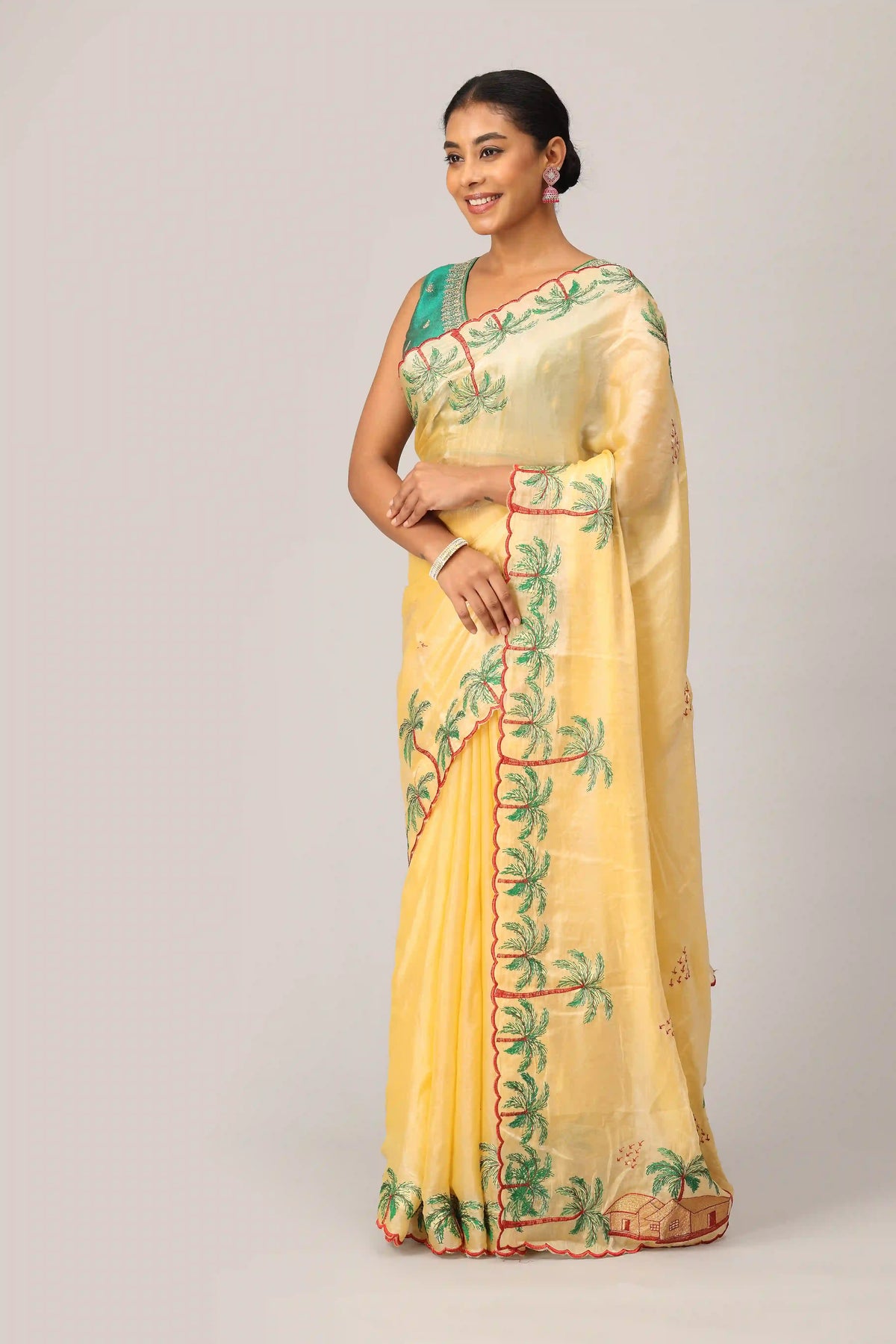 Sunshine Yellow Digital Embroidered Saree with Palm Tree Motifs and Scalloped Border