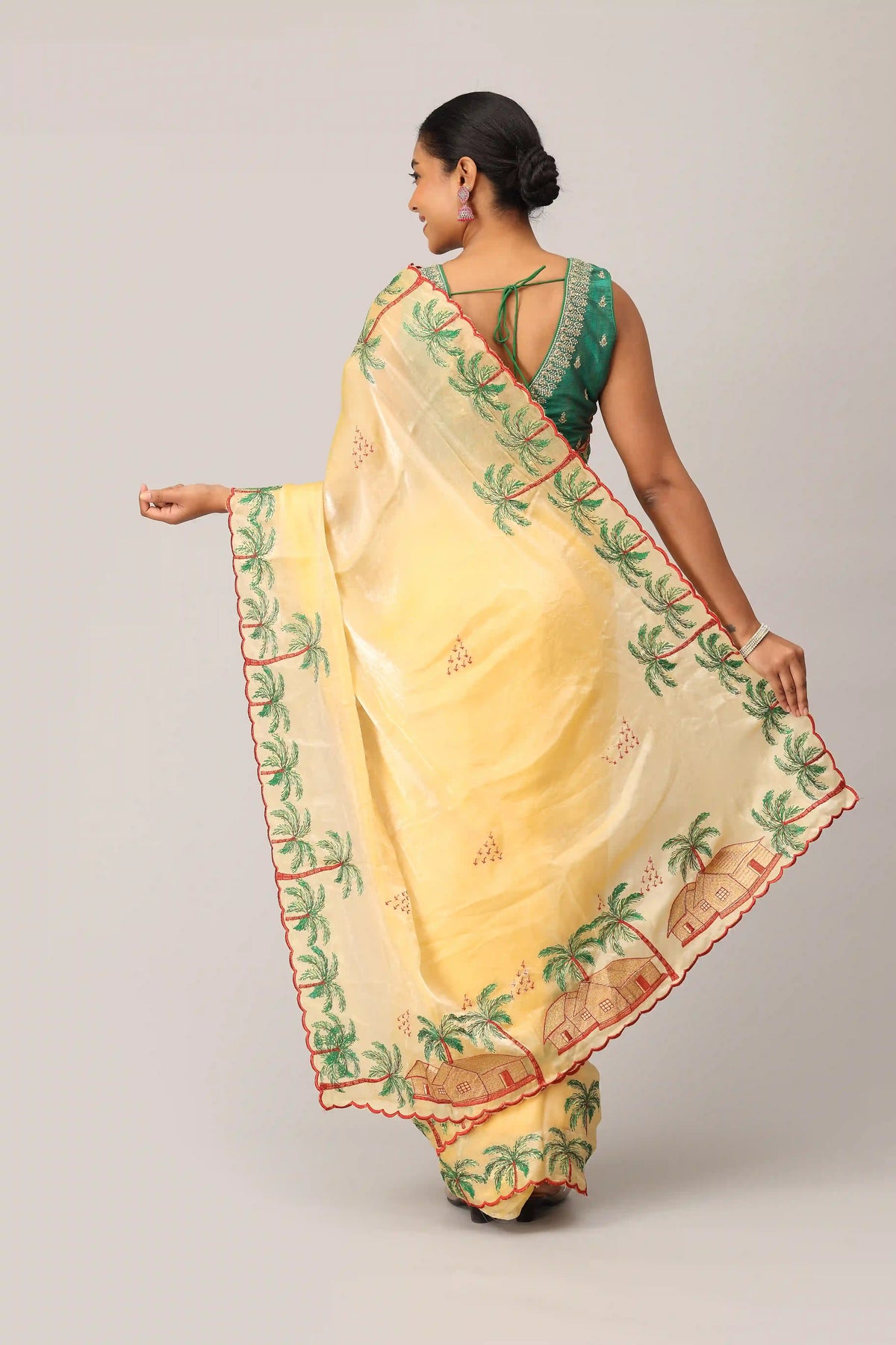 Sunshine Yellow Digital Embroidered Saree with Palm Tree Motifs and Scalloped Border