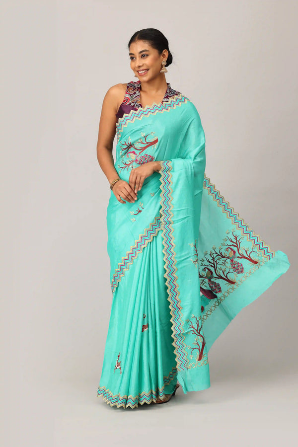 Aqua Green Digital Embroidered Saree with Peacock Tree Motifs and Zig-Zag Designer Border