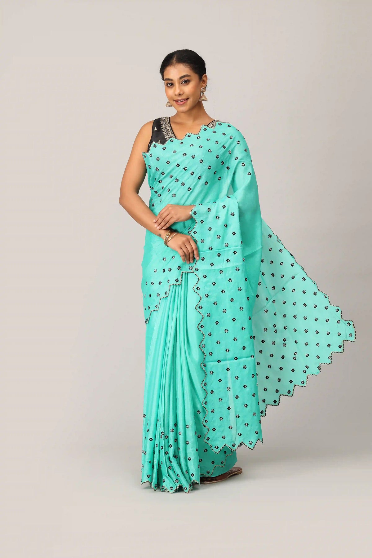 Mint Aqua Designer Embroidered Saree with Digital Floral Embroidery and Scalloped Border
