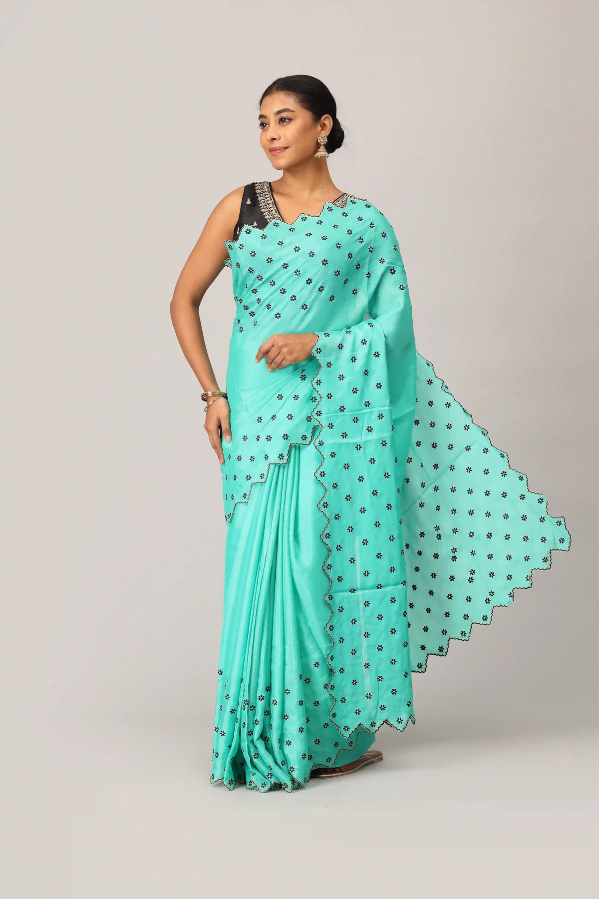 Mint Aqua Designer Embroidered Saree with Digital Floral Embroidery and Scalloped Border
