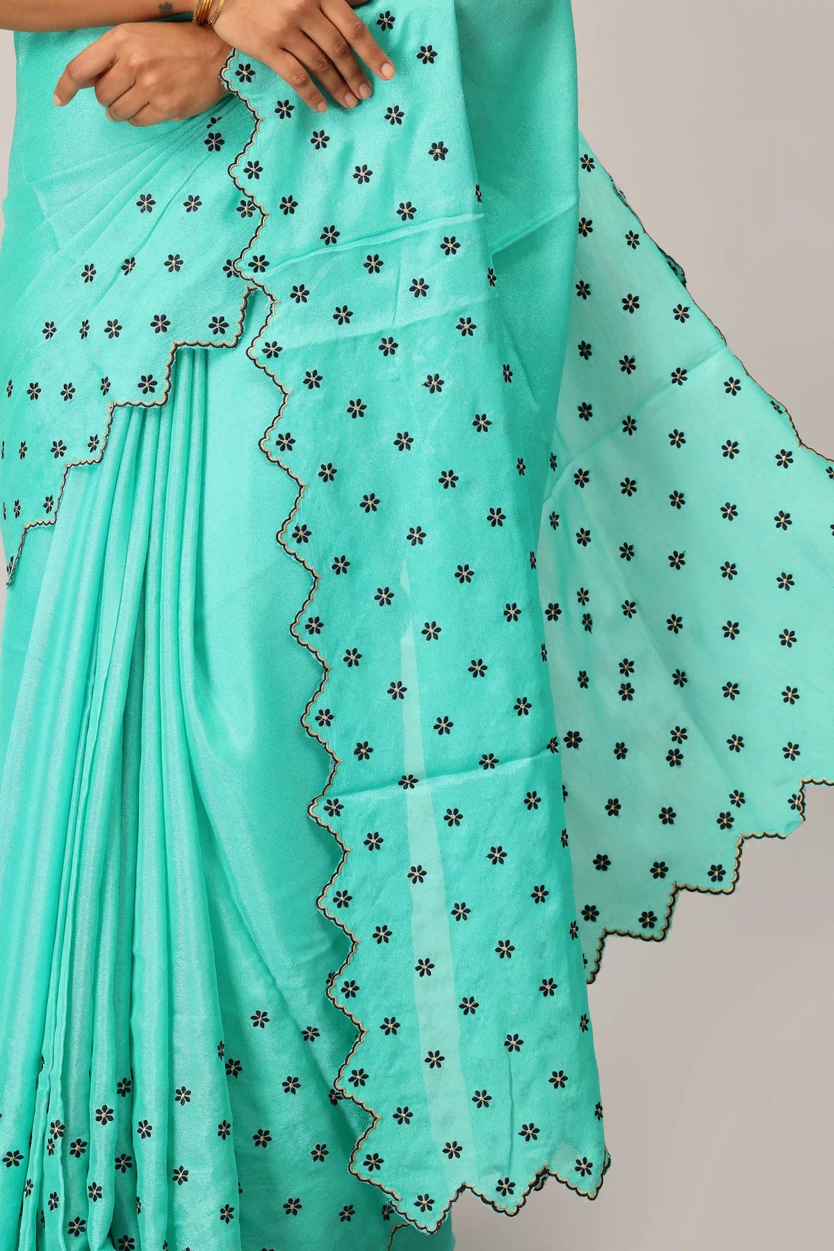 Mint Aqua Designer Embroidered Saree with Digital Floral Embroidery and Scalloped Border
