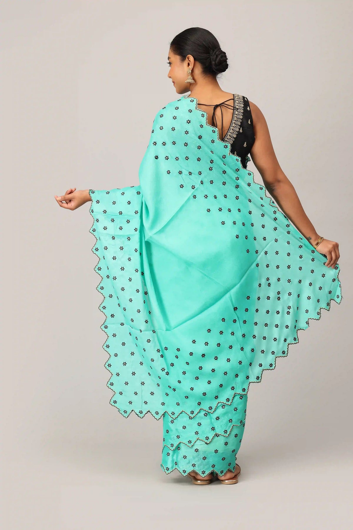 Mint Aqua Designer Embroidered Saree with Digital Floral Embroidery and Scalloped Border