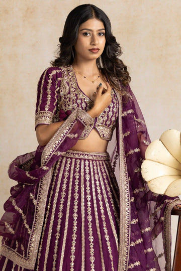 Royal Plum Sequin Embroidered Lehenga Set with Embellished Dupatta