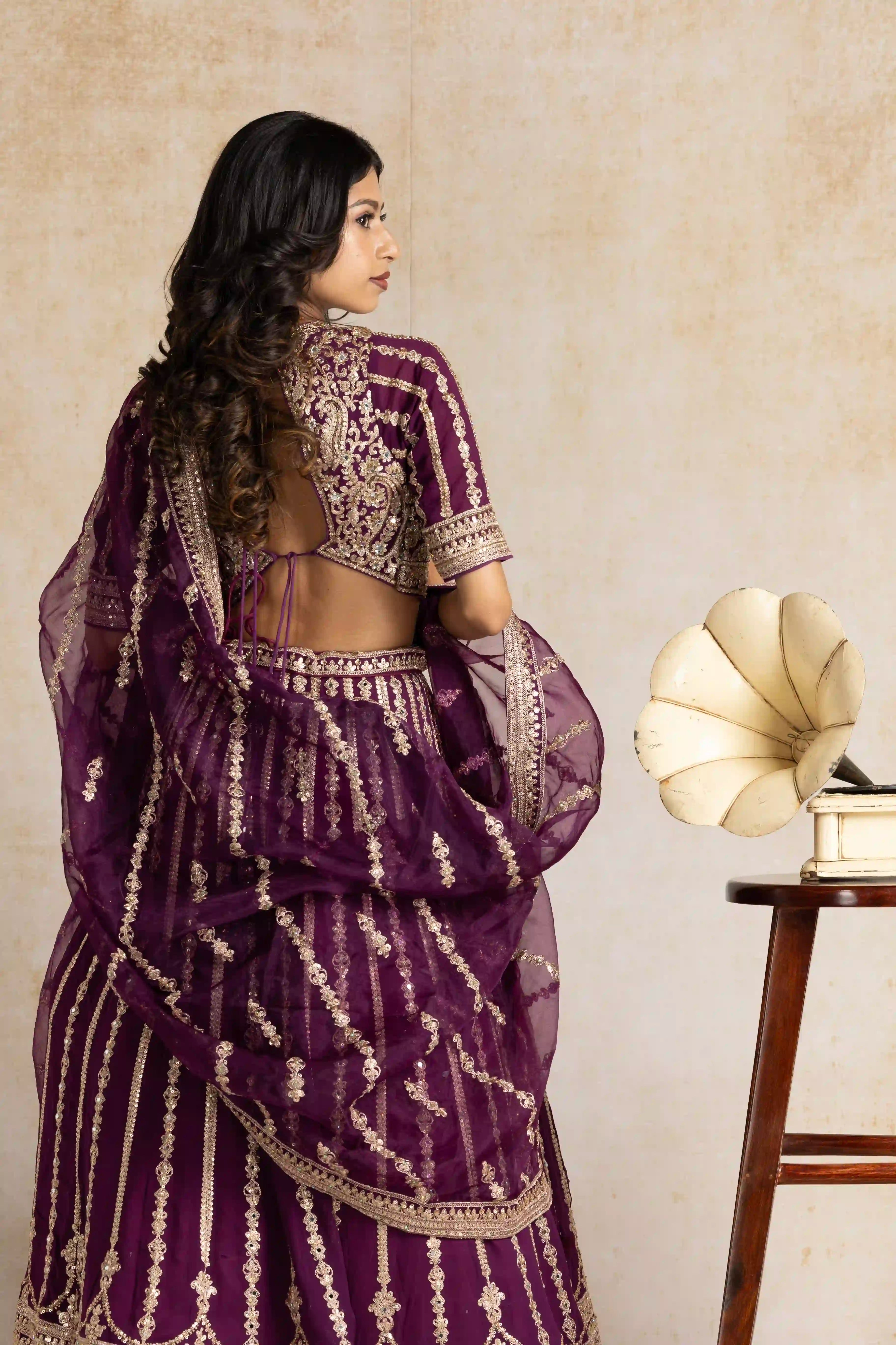 Royal Plum Sequin Embroidered Lehenga Set with Embellished Dupatta
