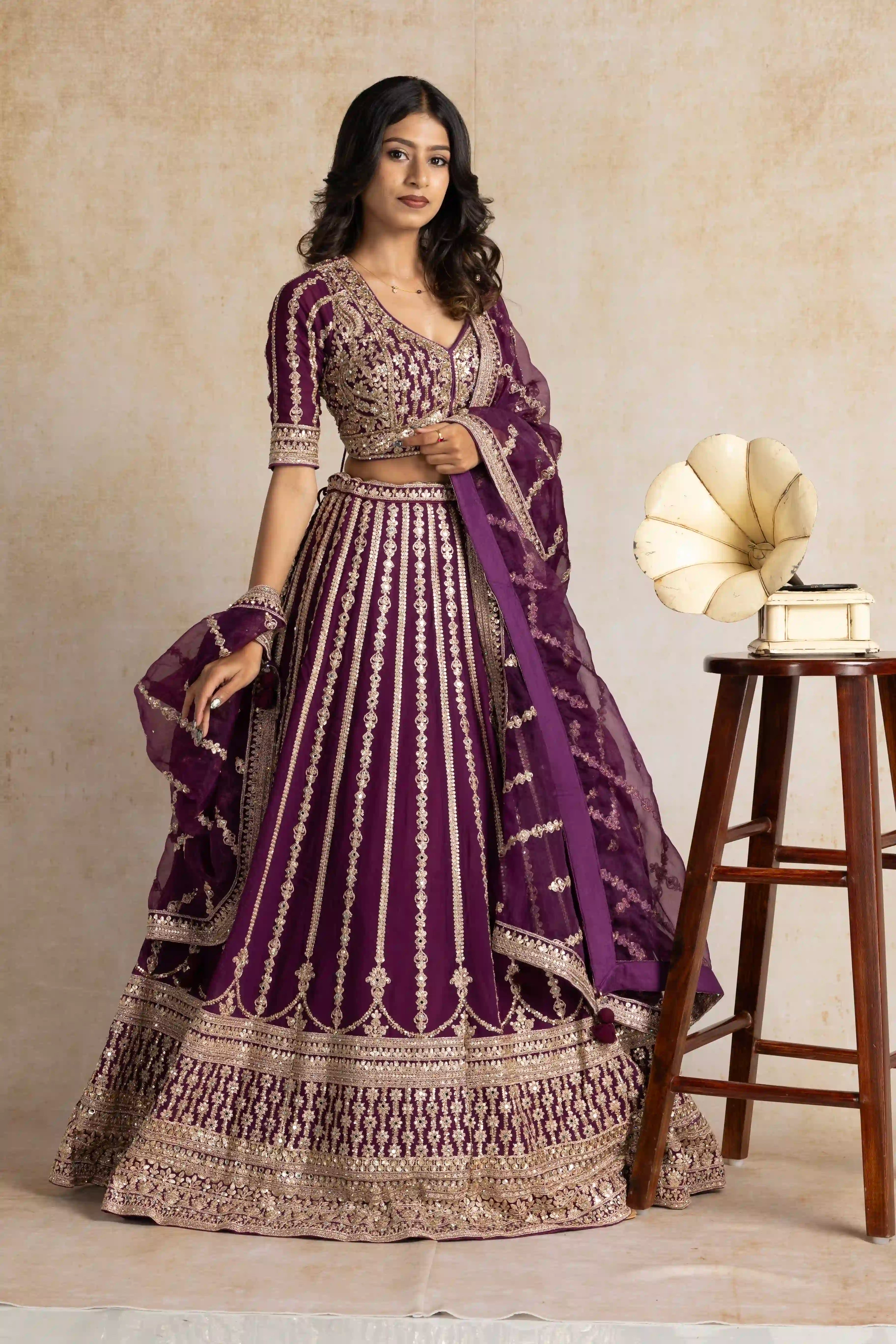 Royal Plum Sequin Embroidered Lehenga Set with Embellished Dupatta