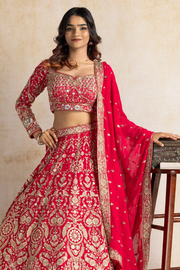 Royal Red Zardosi Hand-Embroidered Bridal Lehenga Set with Dupatta
