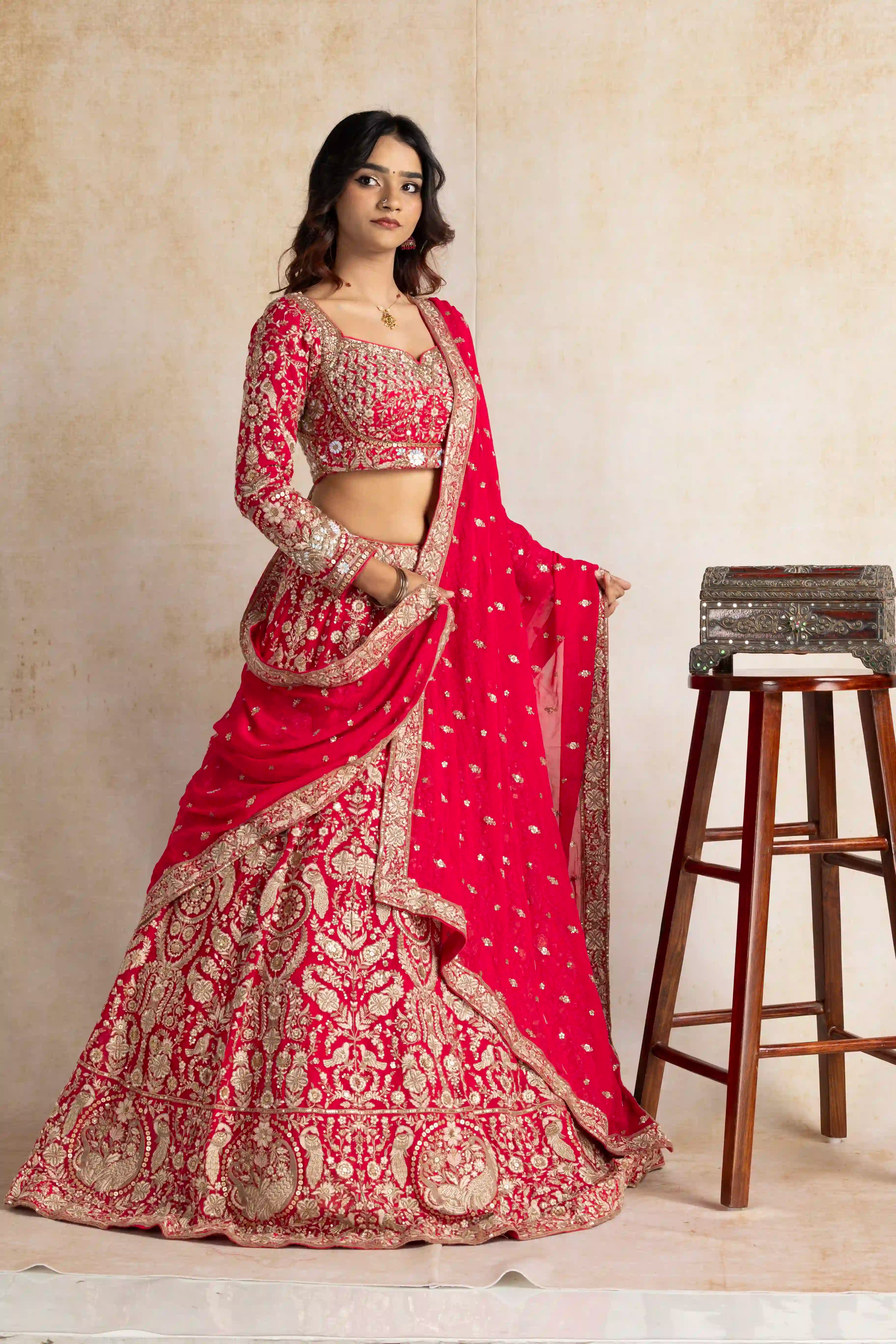 Royal Red Zardosi Hand-Embroidered Bridal Lehenga Set with Dupatta