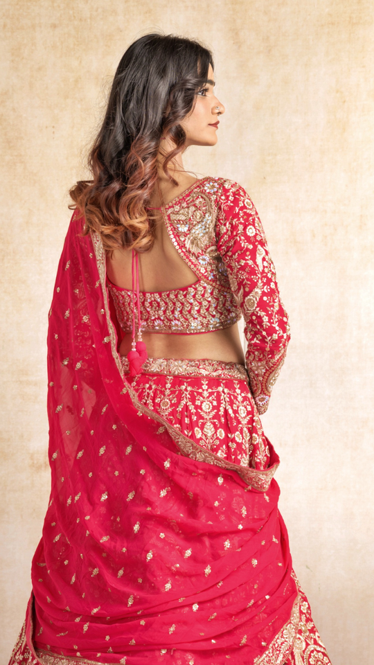 Red Zardosi hand-embroidery Lehenga