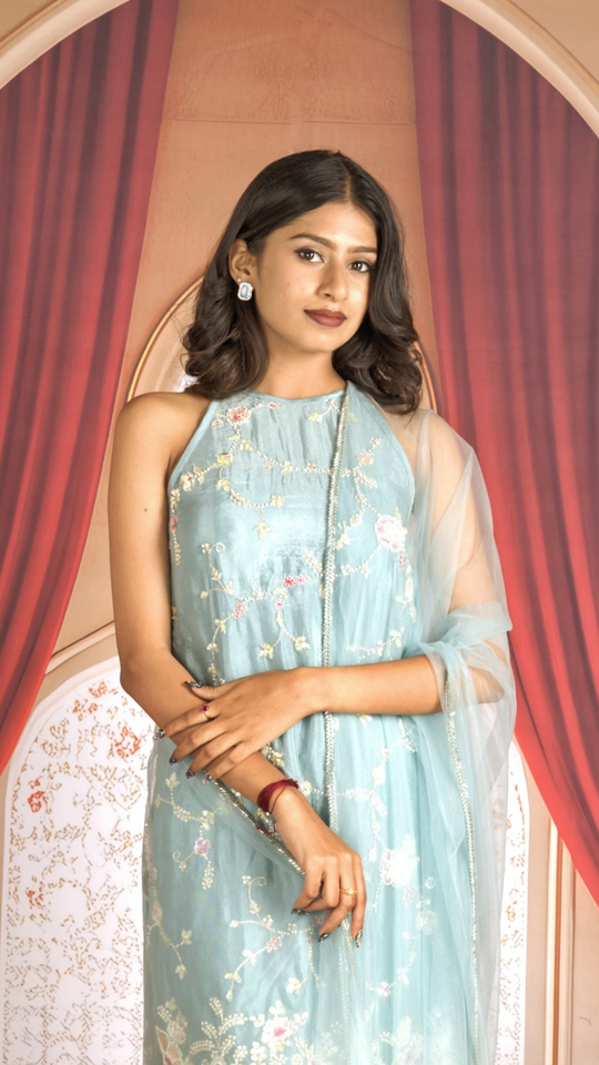 Serene Aqua Floral Embroidered Kurta Set with Dupatta