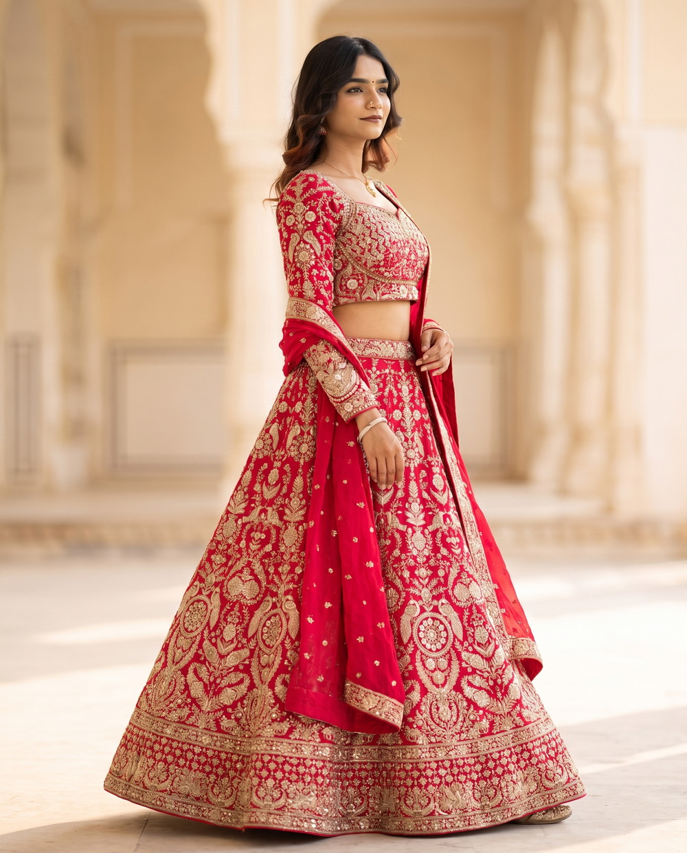 Elegant Indian model wearing Royal Red Zardosi Hand-Embroidered Bridal Lehenga Set with Dupatta