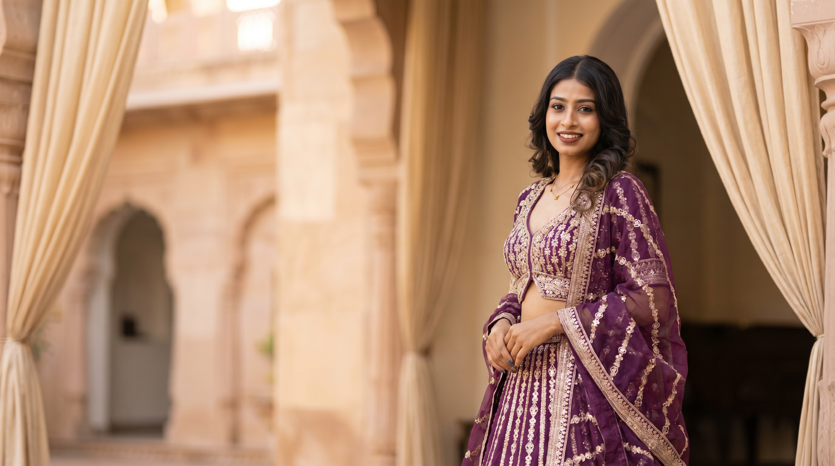 Elegant Indian model wearing Regal Lavender Sequin Embroidered Lehenga Set with Elegant Dupattaslider_item_YK46tG