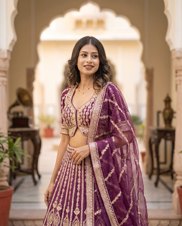 Elegant Indian model in a plum embroidered lehenga with gold zari