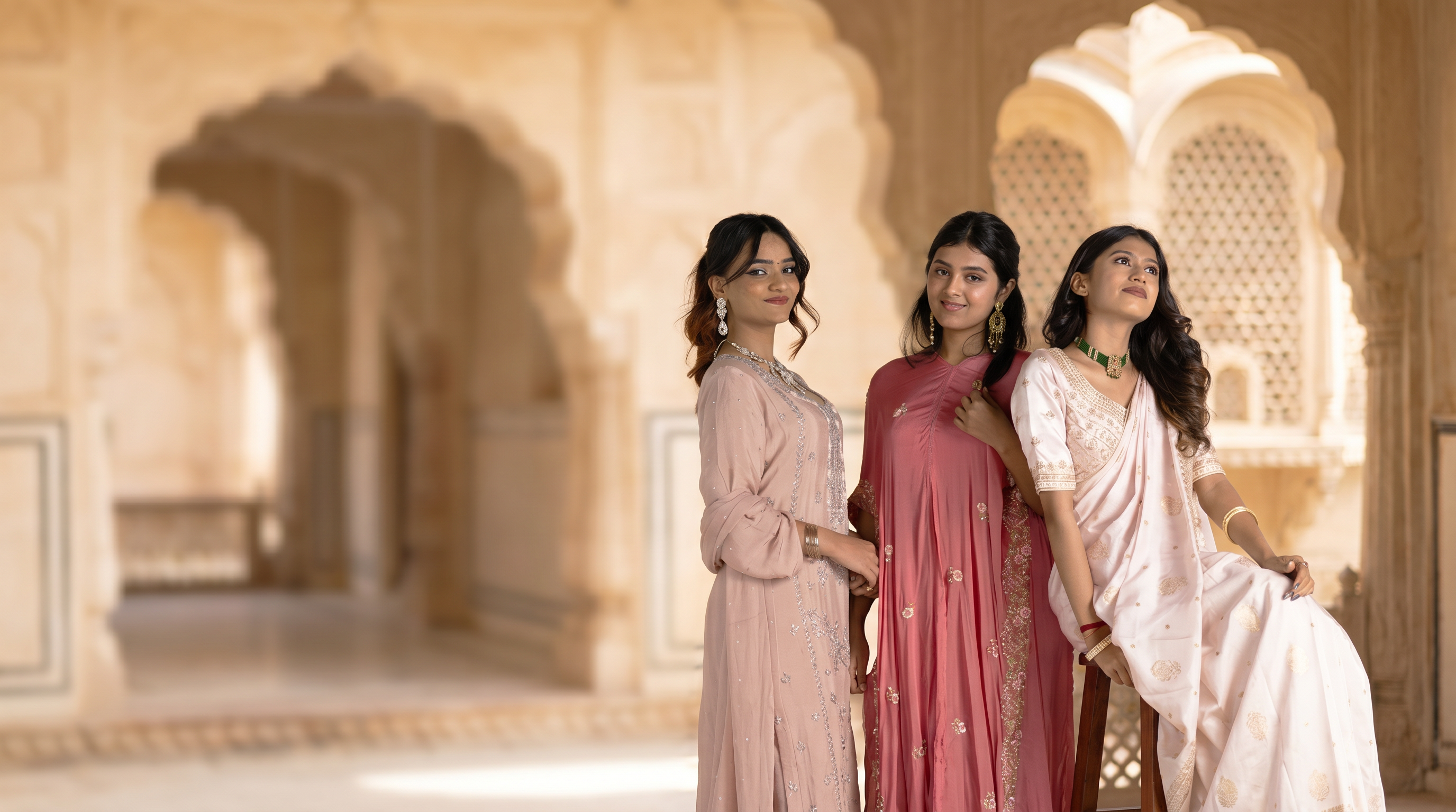 Elegant Indian models wearing Looms of Tasmai ethnic wear in a heritage setting