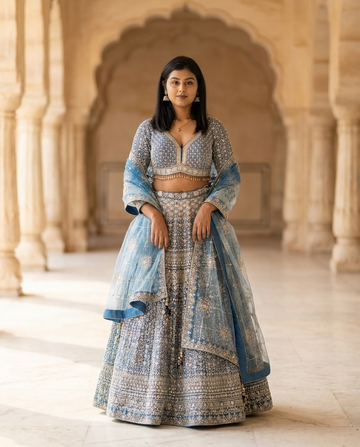 Elegant Indian model wearing Celestial Blue Sequin Embroidered Lehenga Set