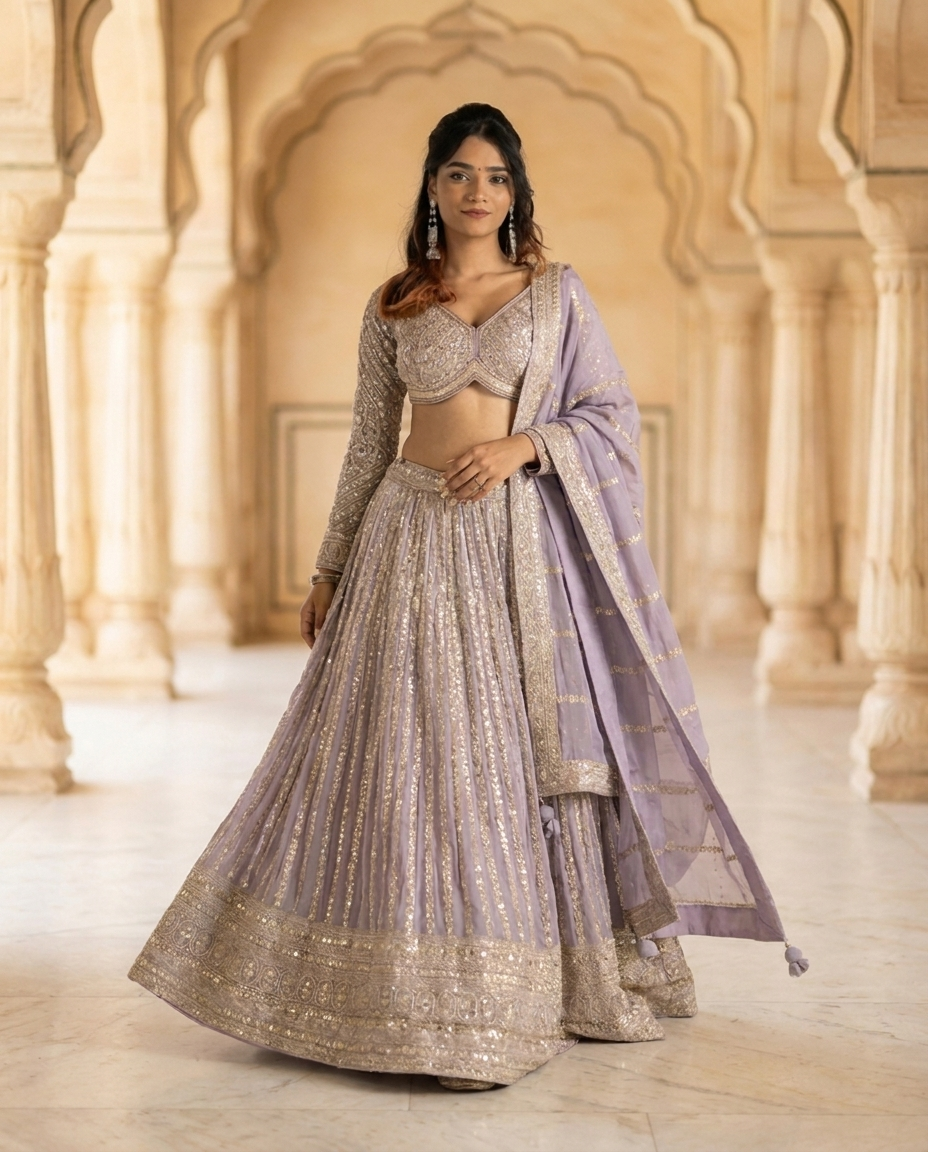 Elegant Indian model wearing Regal Lavender Sequin Embroidered Lehenga Set with Elegant Dupatta