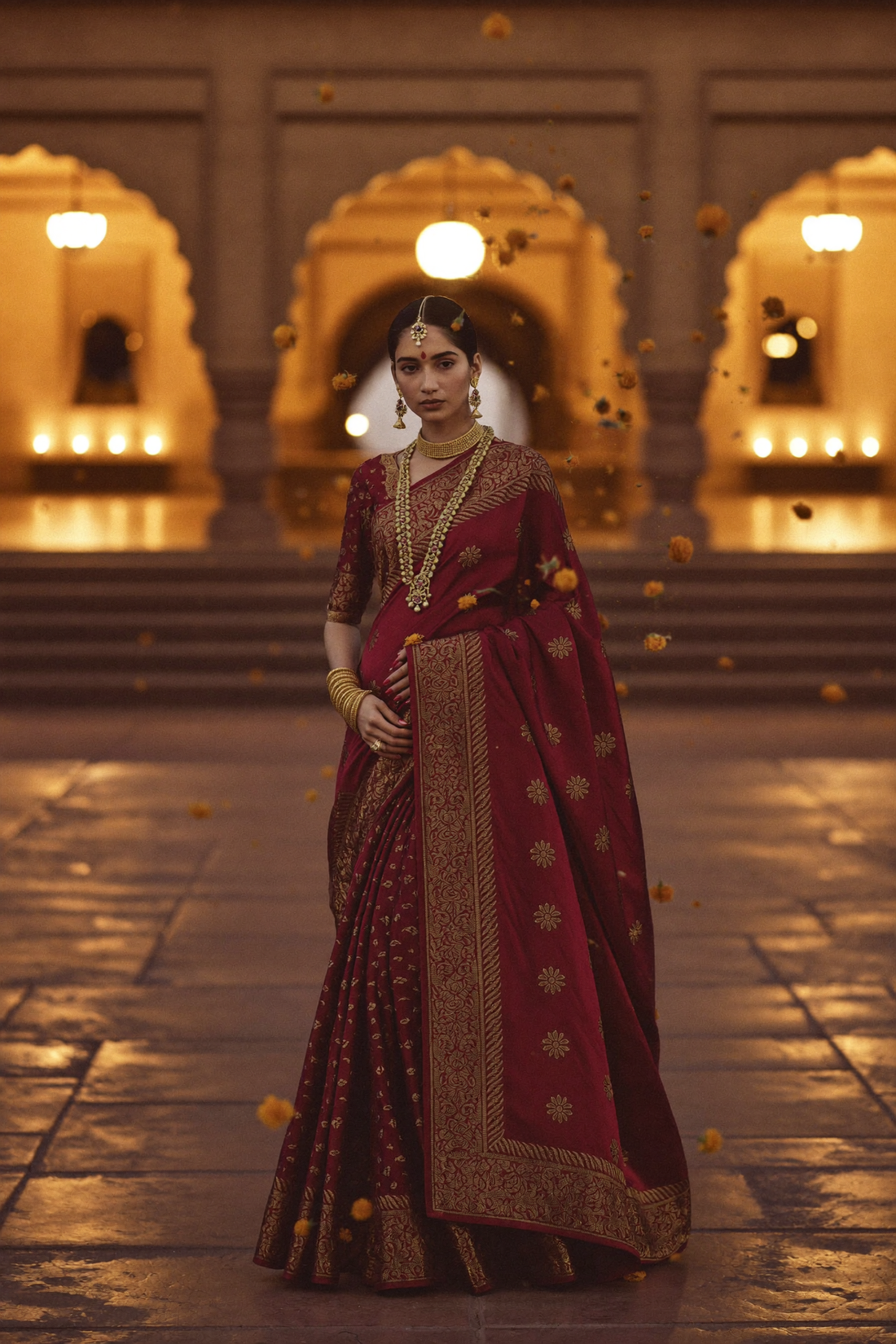 Heritage bridal silk saree in a candlelit palace courtyard