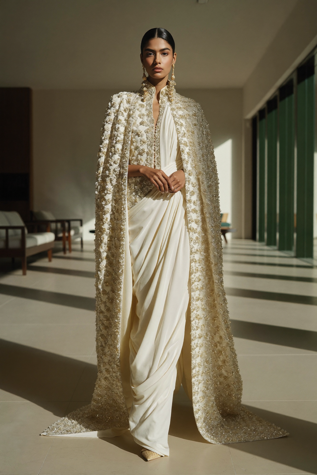 Indo-western cape ensemble in ivory and gold
