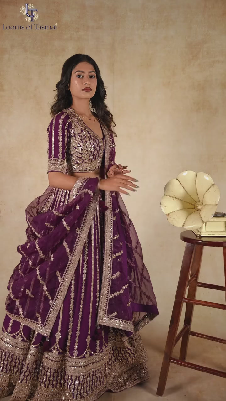 Royal Plum Sequin Embroidered Lehenga Set with Embellished Dupatta