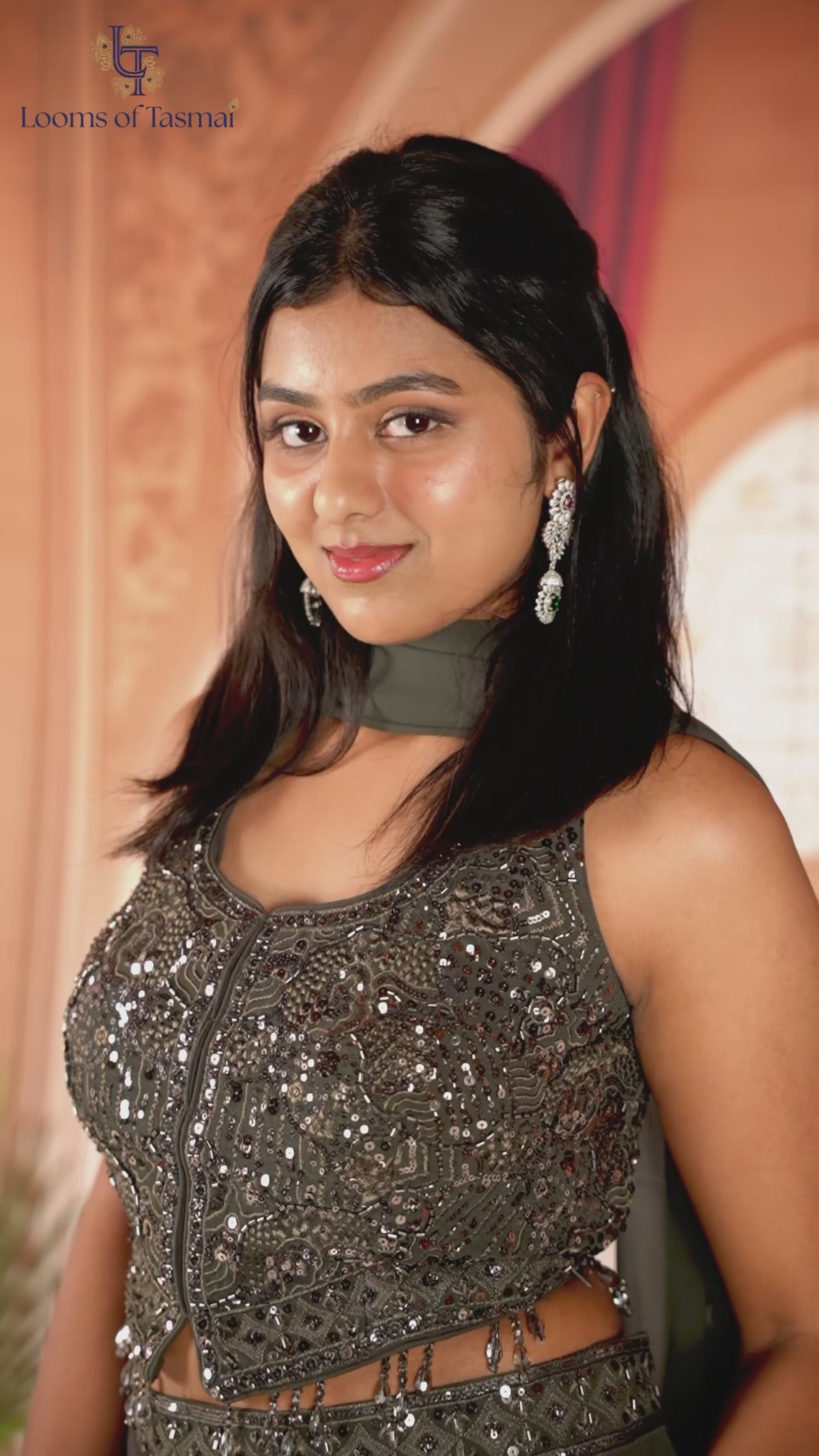 Midnight Charcoal Embellished Crop Top & Palazzo Set