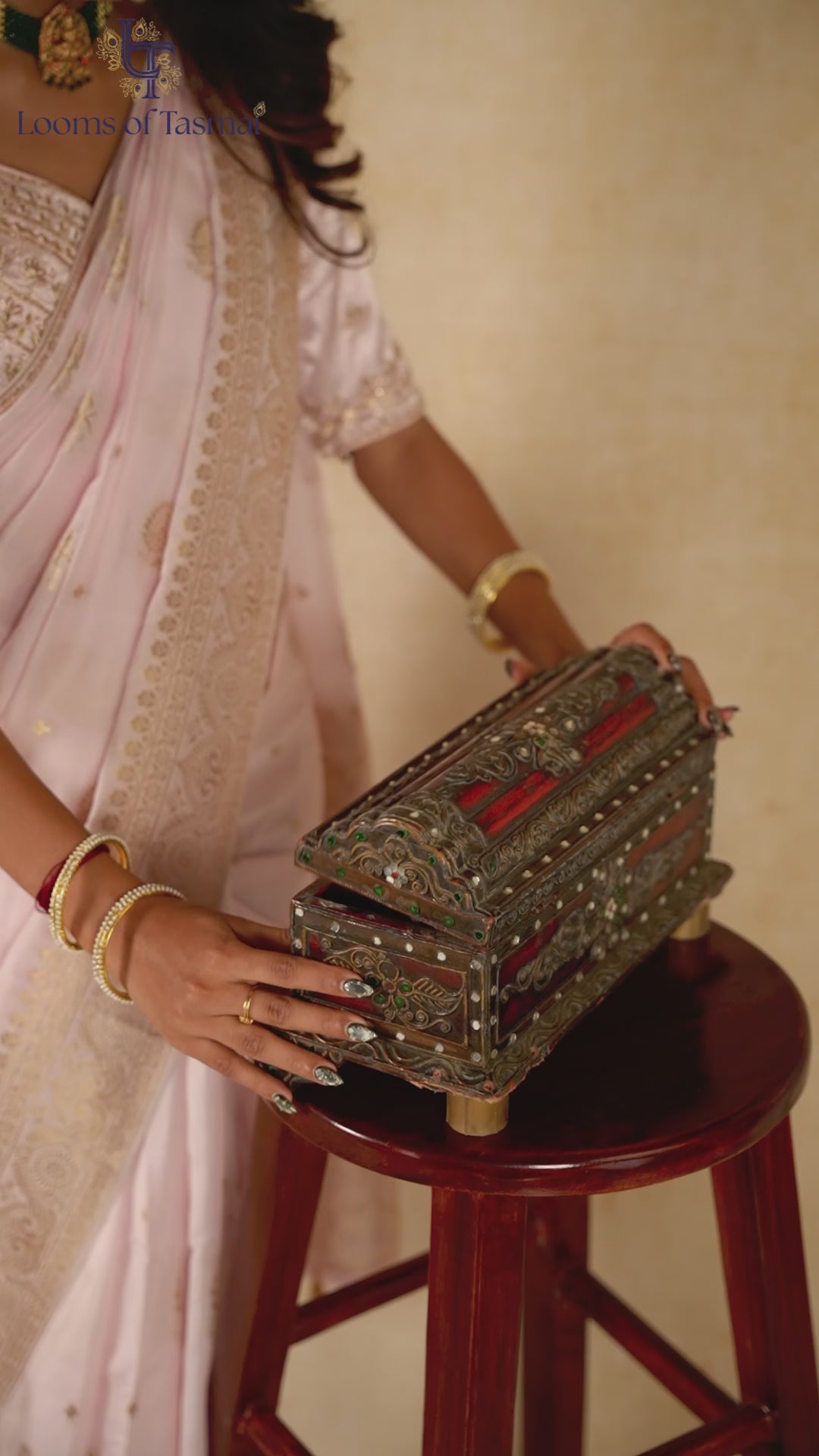 Blush Pink Tissue Silk Saree with Antique Gold Zari Border & Ready-Made Blouse