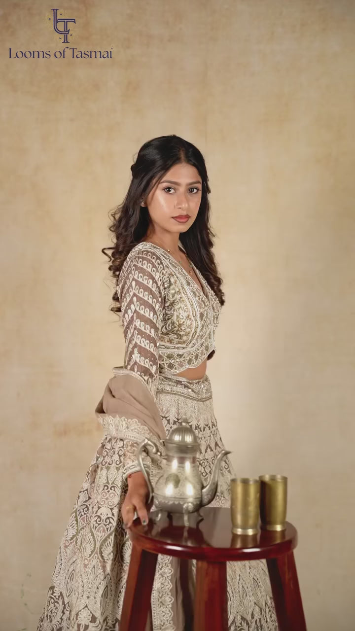 Regal Olive Grey Embroidered Lehenga Set with Elegant Dupatta